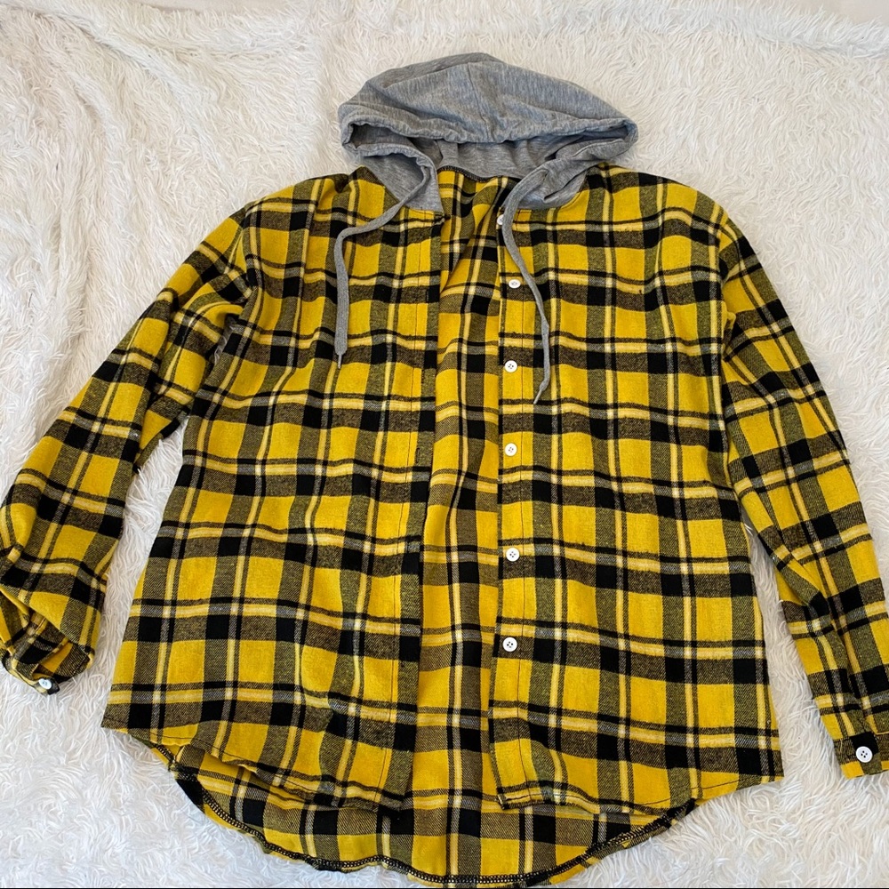 Black & Yellow Lightweight Flannel with Grey Hood